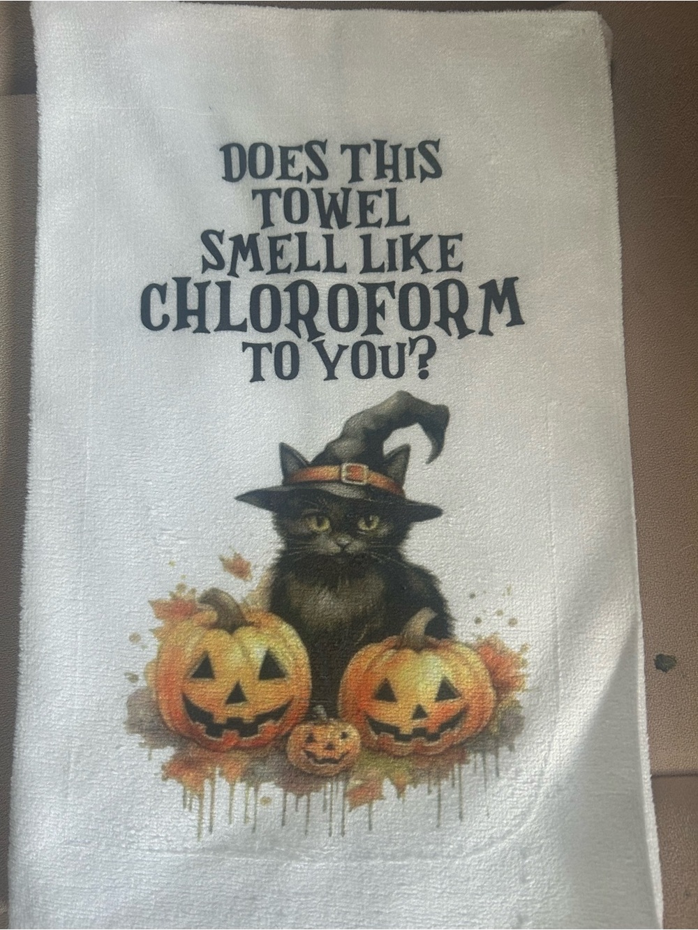 White Halloween Cat & Pumpkins Printed Kitchen Towel